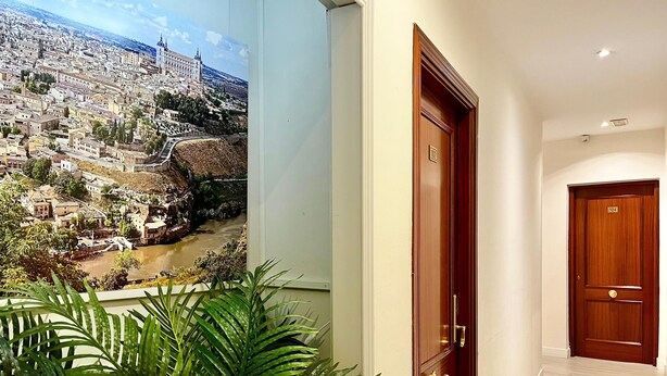 A hotel corridor with a wooden door labeled 104, a view of a cityscape with buildings and a river, and a potted plant in the foreground. - ToledoRooms Palacios (Toledo)