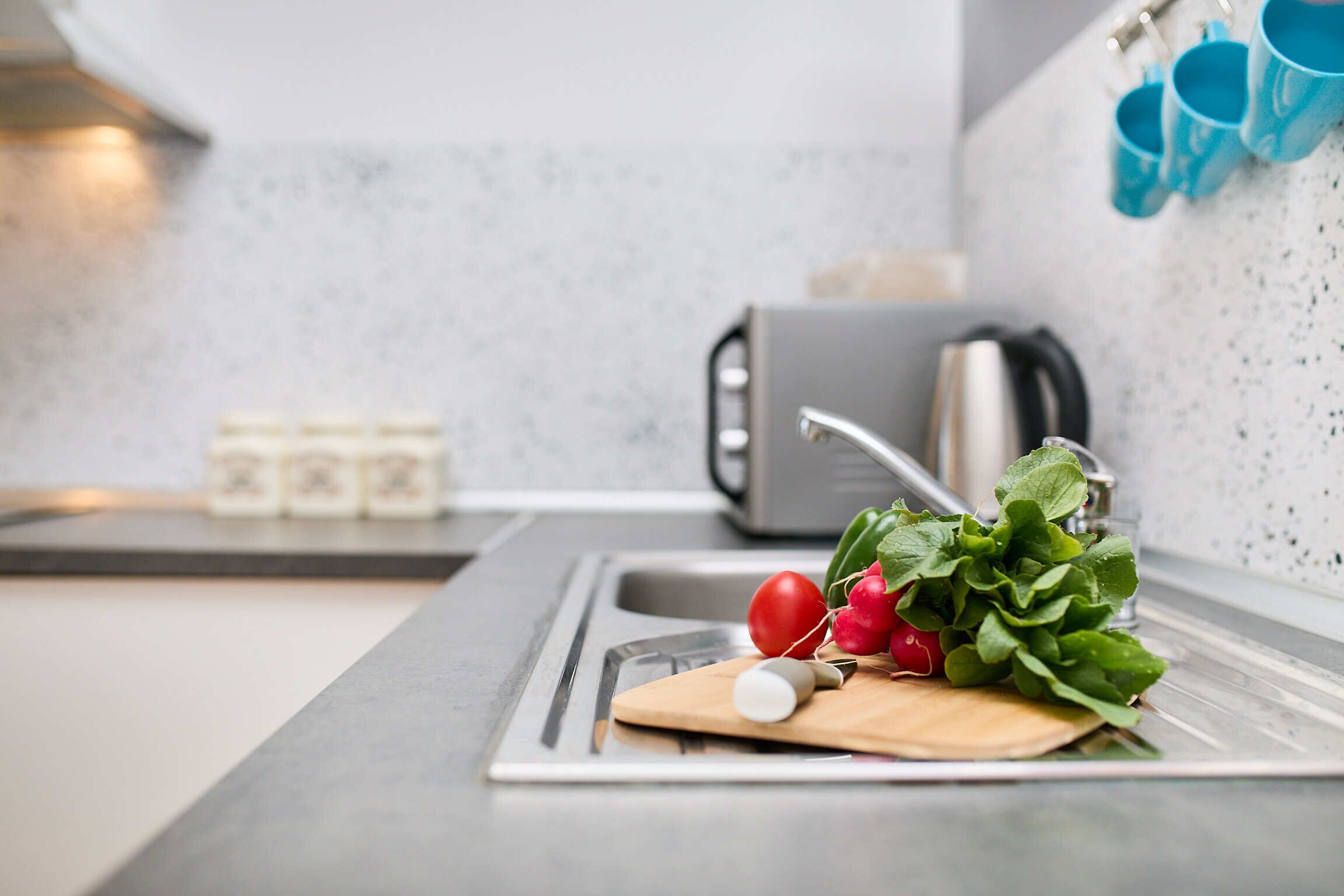 A kitchen counter with a cutting board, a knife, radishes, and a tomato.