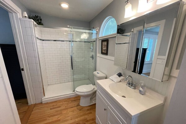 A modern bathroom with a glass-enclosed shower, a white toilet, and a vanity with a sink. - 1 Fletcher Ln (St. Augustine)
