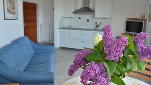 Un salon avec un canapé bleu et une cuisine à l’arrière-plan.