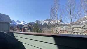 Blick auf ein Bergpanorama mit schneebedeckten Gipfeln, einem klaren Himmel und eine Wohngegend mit Häusern und Bäumen.