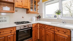 Eine moderne Küche mit Holzausbau, einem Gasherd, einem Backofen und einem Fenster mit Blick auf Bäume.