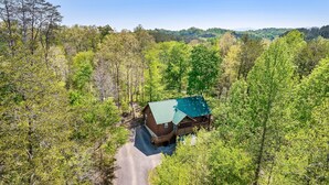 A cabin with a green roof surrounded by dense forest. - Book Your 2026 Vacation!, Private!, Hot Tub, Great for Families, Sleeps 8! (Sevierville)