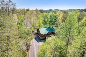 Escape to a secluded cabin nestled among dense trees, surrounded by a lush forest.