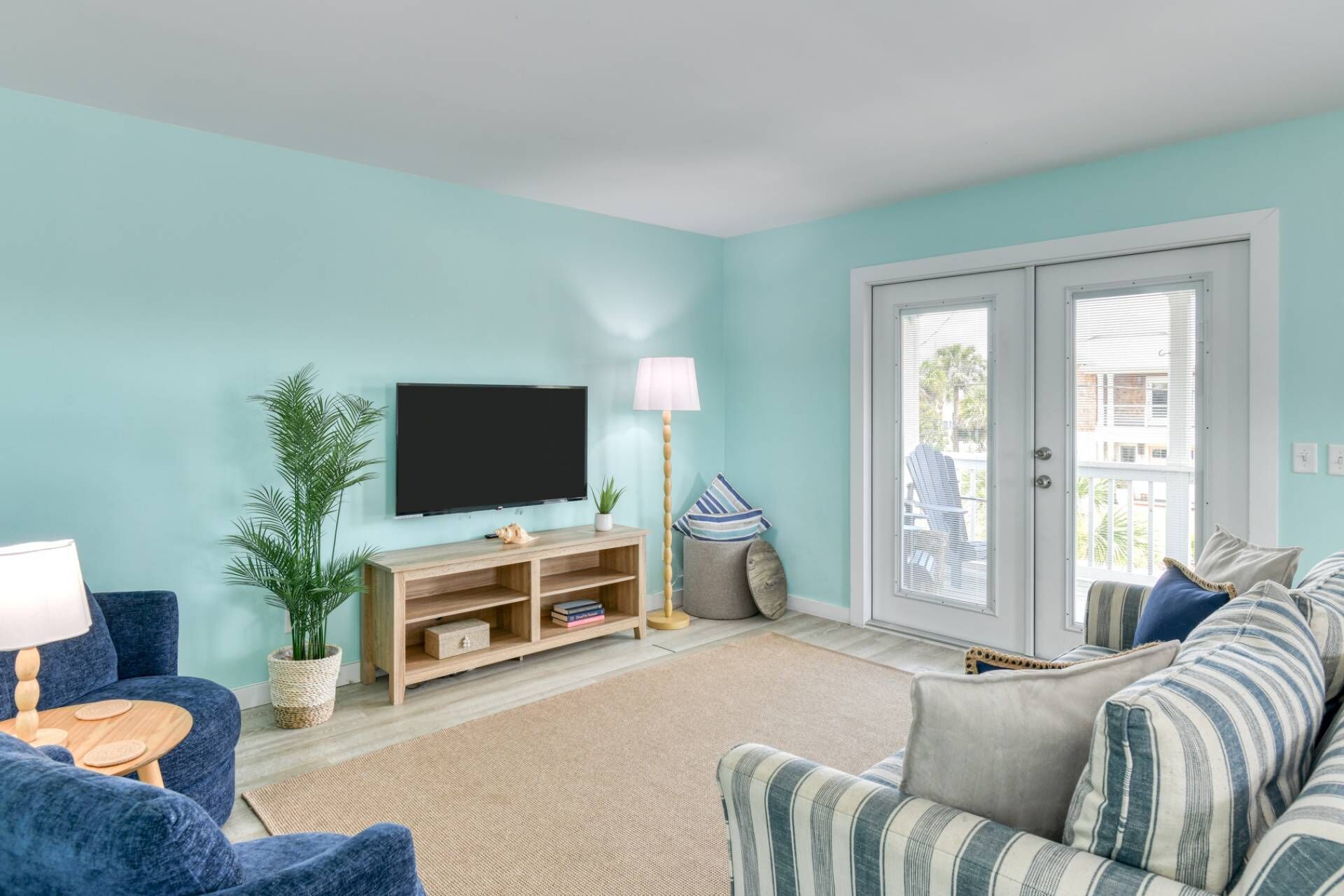 A living room with a TV, sofa, and a plant.