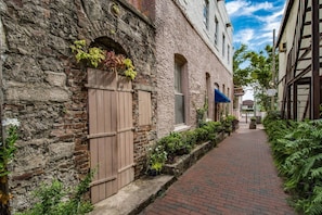 Stroll through this charming cobblestone alley lined with lush greenery and historic buildings.