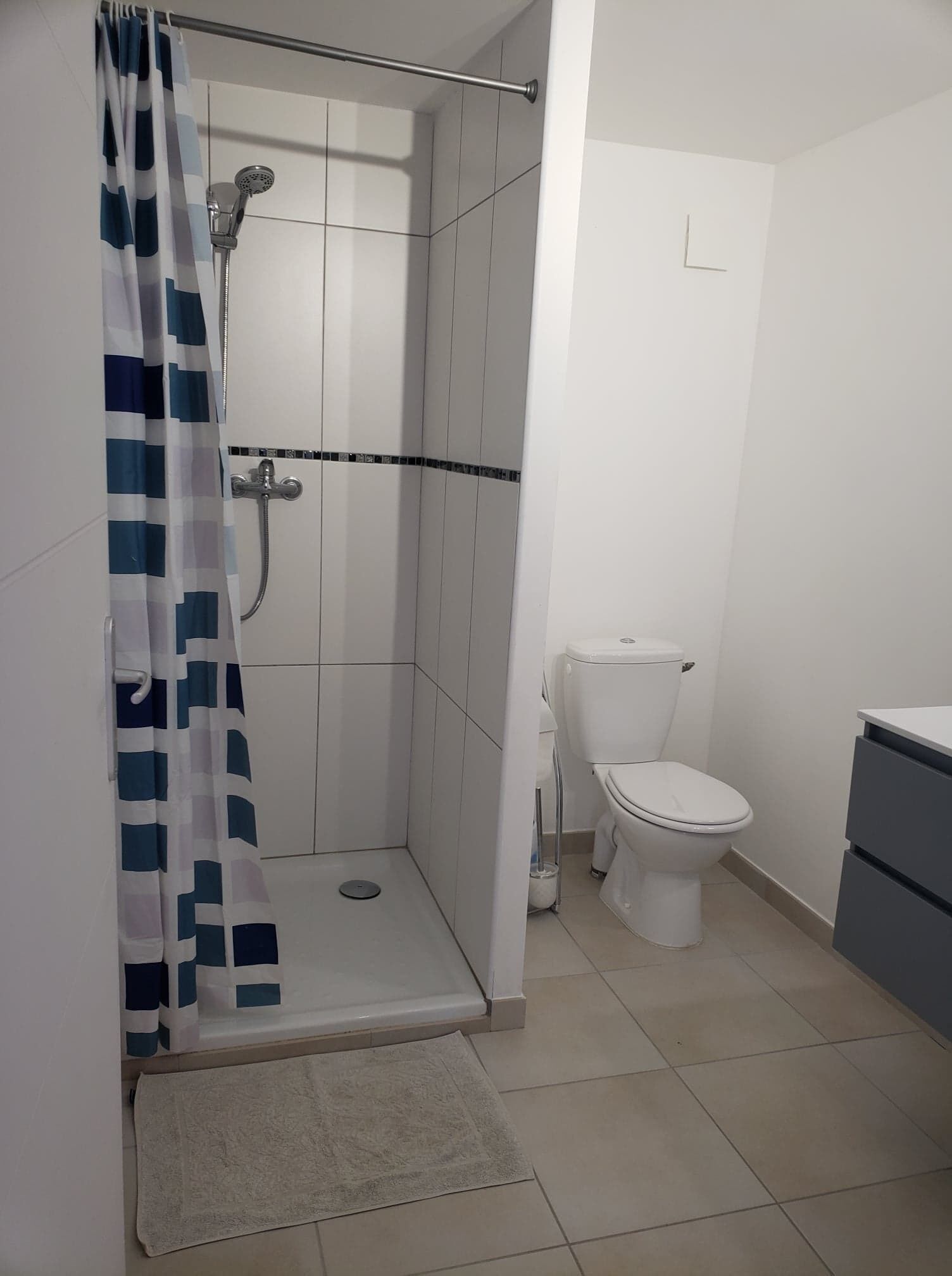 Een badkamer met douche, toilet en wastafel.