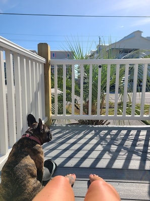Una terraza de madera con una valla blanca, un perro y una persona descalza.