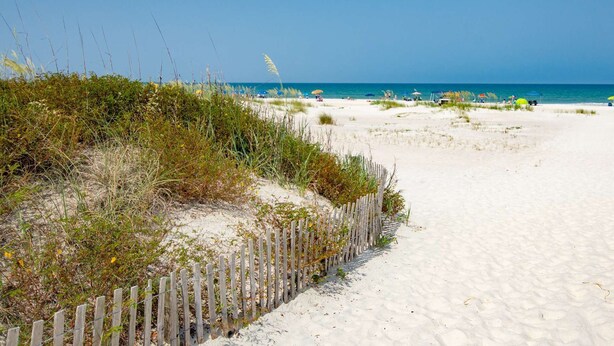 A sandy beach with a wooden fence and sparse vegetation. - Ocean and Racquet #3116 (St. Augustine)