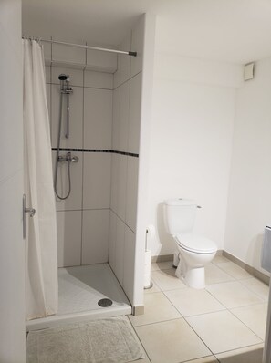 Een douche, handdoeken, toiletpapier