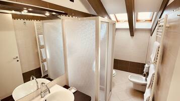 A modern bathroom with a large mirror, two sinks, a shower enclosure, and a bidet.