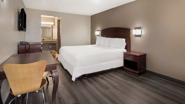 A hotel room with a bed, bedside table, chair, and a desk with a chair. - Red Carpet Inn Edison (Edison)