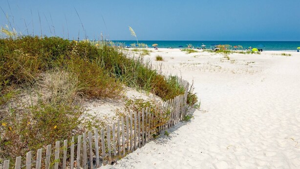 A sandy beach with a wooden fence and sparse vegetation. - Windswept Beach House (St. Augustine)