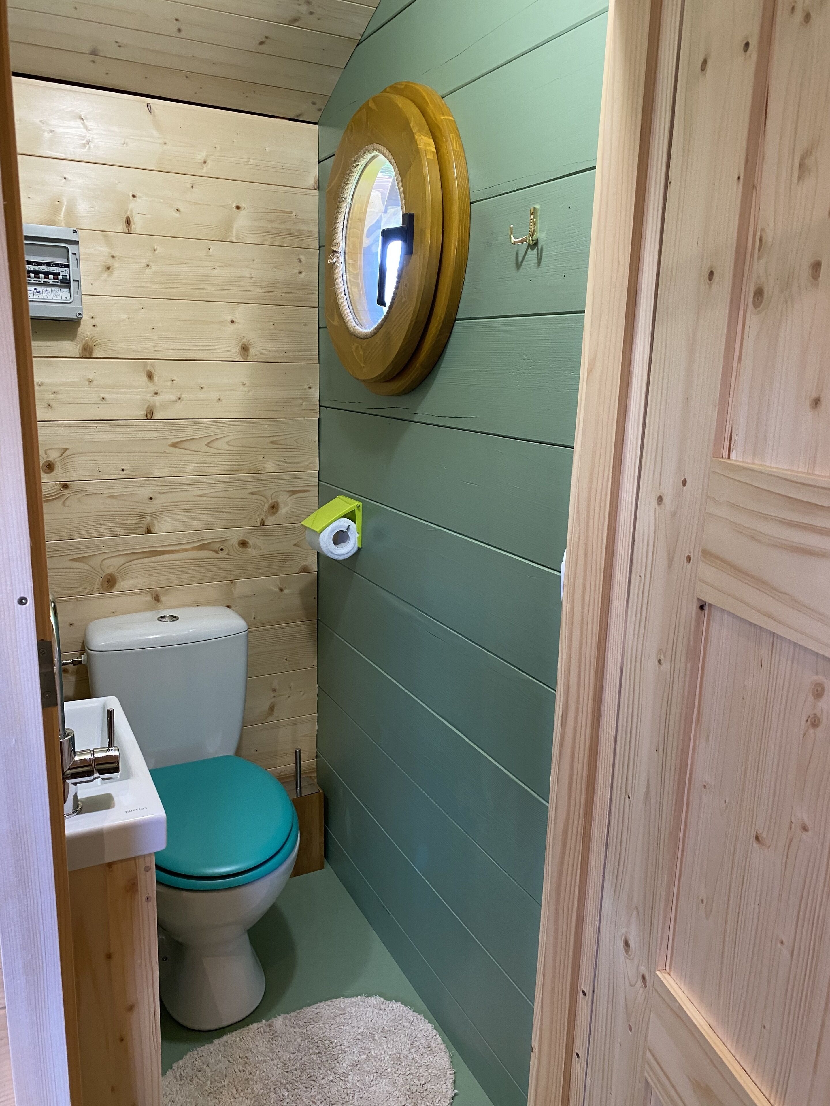 Een kleine badkamer met toilet, wastafel en spiegel.
