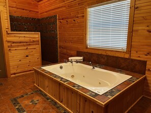 Combined shower/bathtub, jetted bath, hair dryer, towels