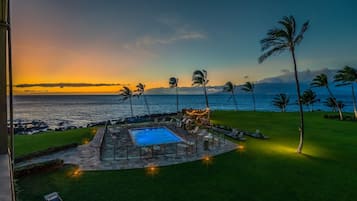 A heated pool, pool loungers