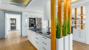 A modern kitchen with white cabinets, stainless steel appliances, and wooden accents. - Oasis of peace, with wellness, playground, pool, barbecue (Mofardini)
