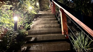 A set of outdoor stairs with a wooden handrail, surrounded by lush greenery and illuminated by street lamps. - Salt Loft - Oceanfront, Hot Tub and Firepit! (Ucluelet)