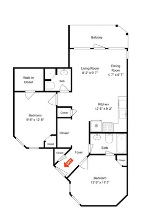 A floor plan with a balcony, living room, dining room, kitchen, two bedrooms, walk-in closet, and a foyer. - Pineapple Paradise by Ryson Vacation Rentals (Galveston)