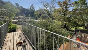 A wooden deck with a metal railing overlooking a pool area surrounded by trees. - Loft at the foot of the Ventoux with swimming pool, jacuzzi and balneotherapy. (Mollans-sur-Ouvèze)