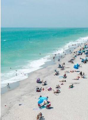 A crowded beach with people sunbathing and swimming.
