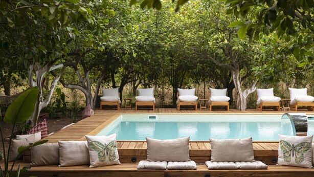 Un área de descanso junto a la piscina con bancos de madera y cojines blancos, rodeada de árboles.