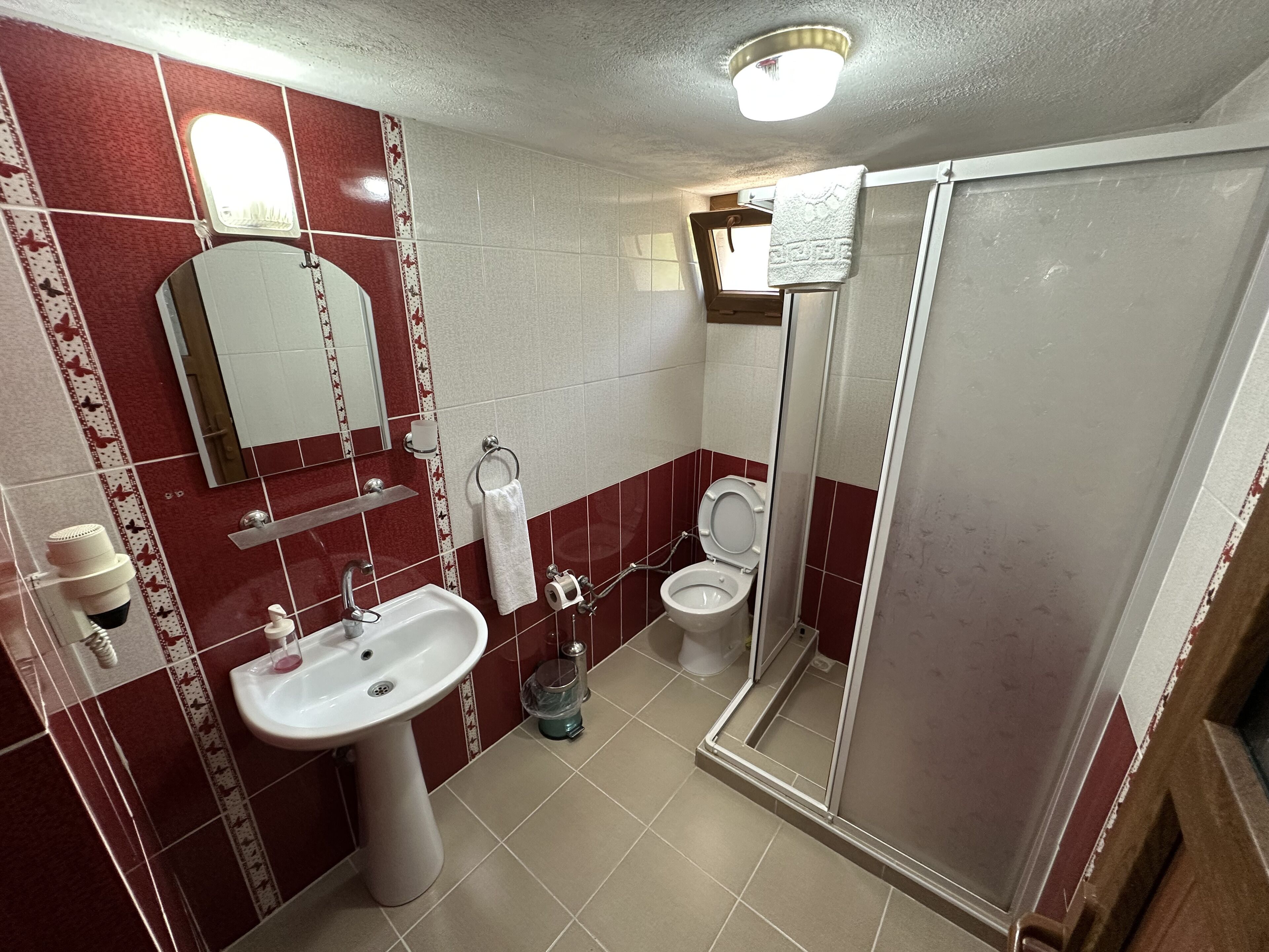 Un baño con lavamanos, inodoro y ducha.