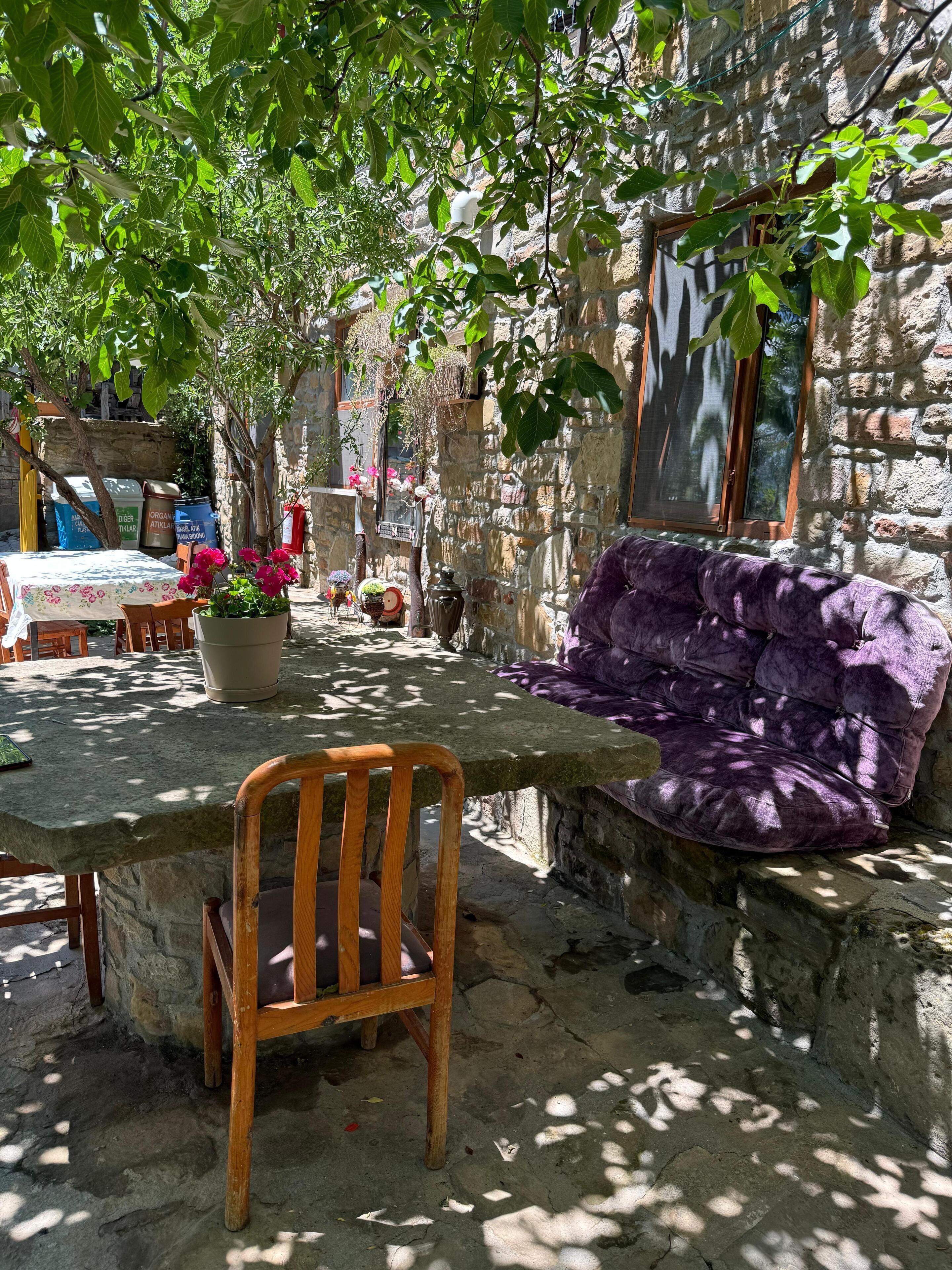 A stone table with a wooden chair, a purple sofa, and a potted plant with pink flowers.