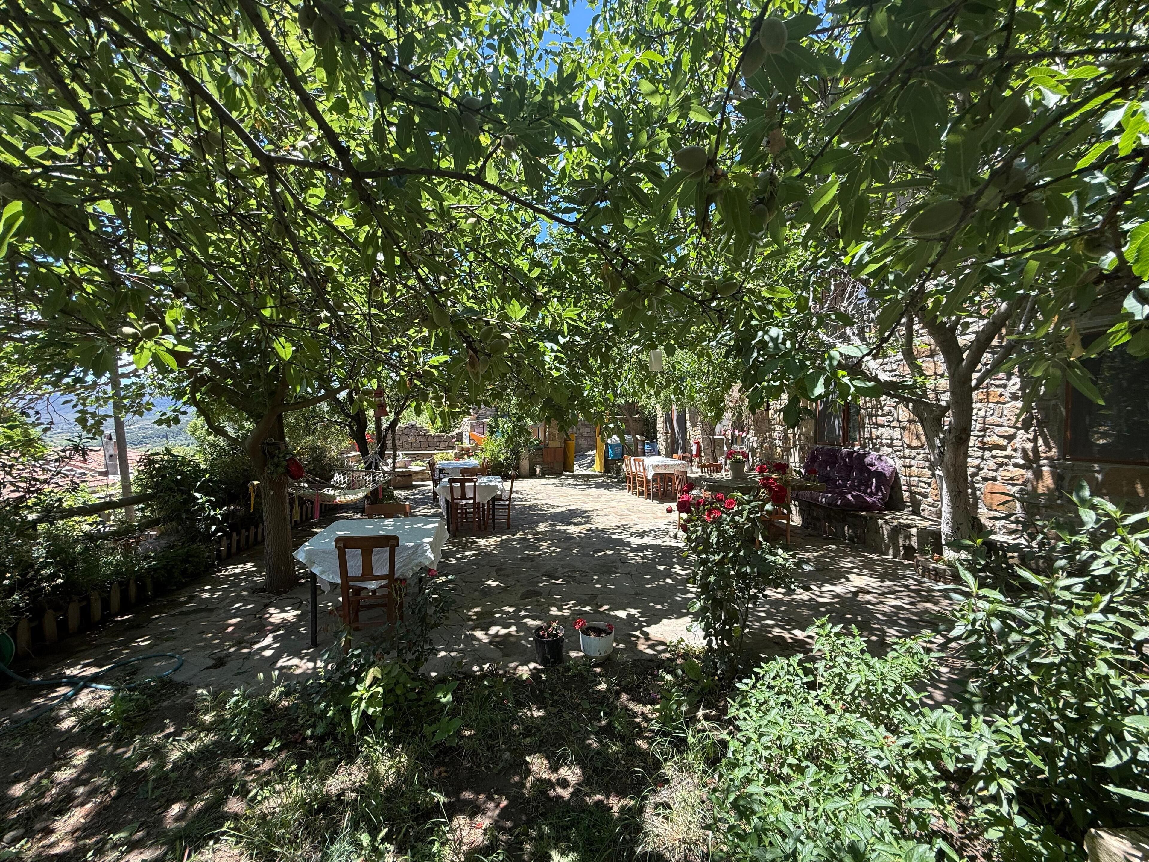 An outdoor dining area with tables and chairs, surrounded by trees and a stone wall.