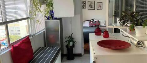 Fridge, microwave, stovetop, coffee/tea maker