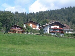 Paesaggio montano immerso nel verde, con tre case di legno, ognuna dotata di balconi.