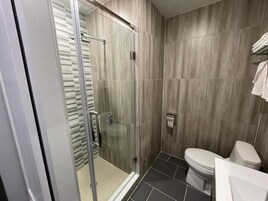 Ducha, cabezal de ducha con hidromasaje, secador de pelo, toallas