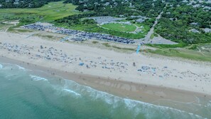 An aerial view of a beach with numerous umbrellas and people.