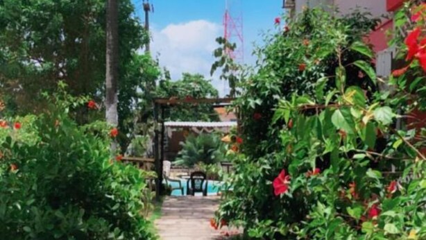 Un estrecho sendero de piedra bordeado de abundante vegetación y flores rojas, que conduce a un edificio con toldo rojo.