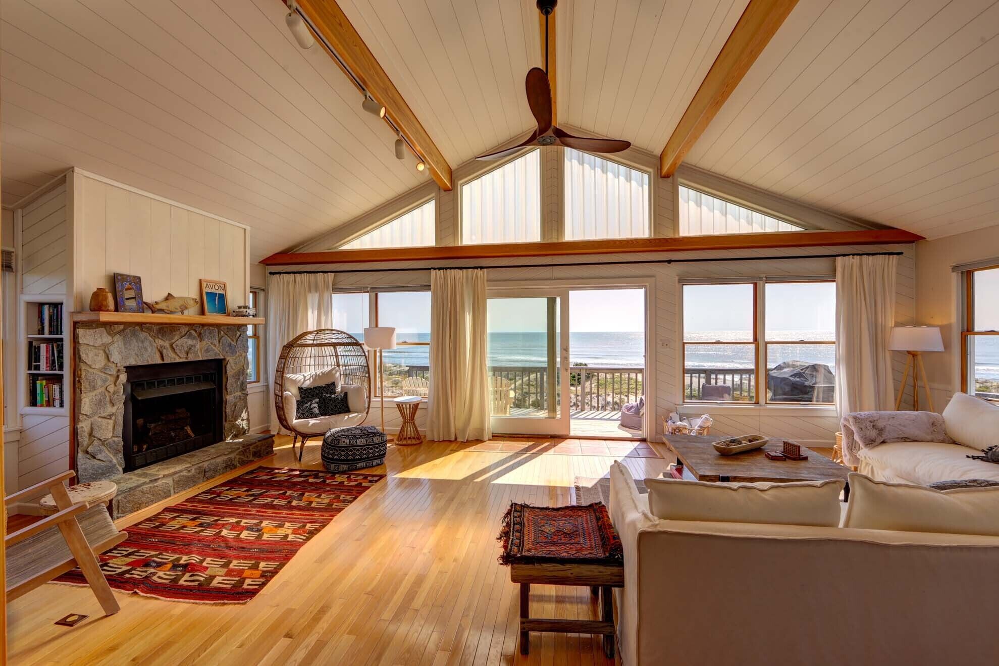 Smart TV, fireplace, books, printers