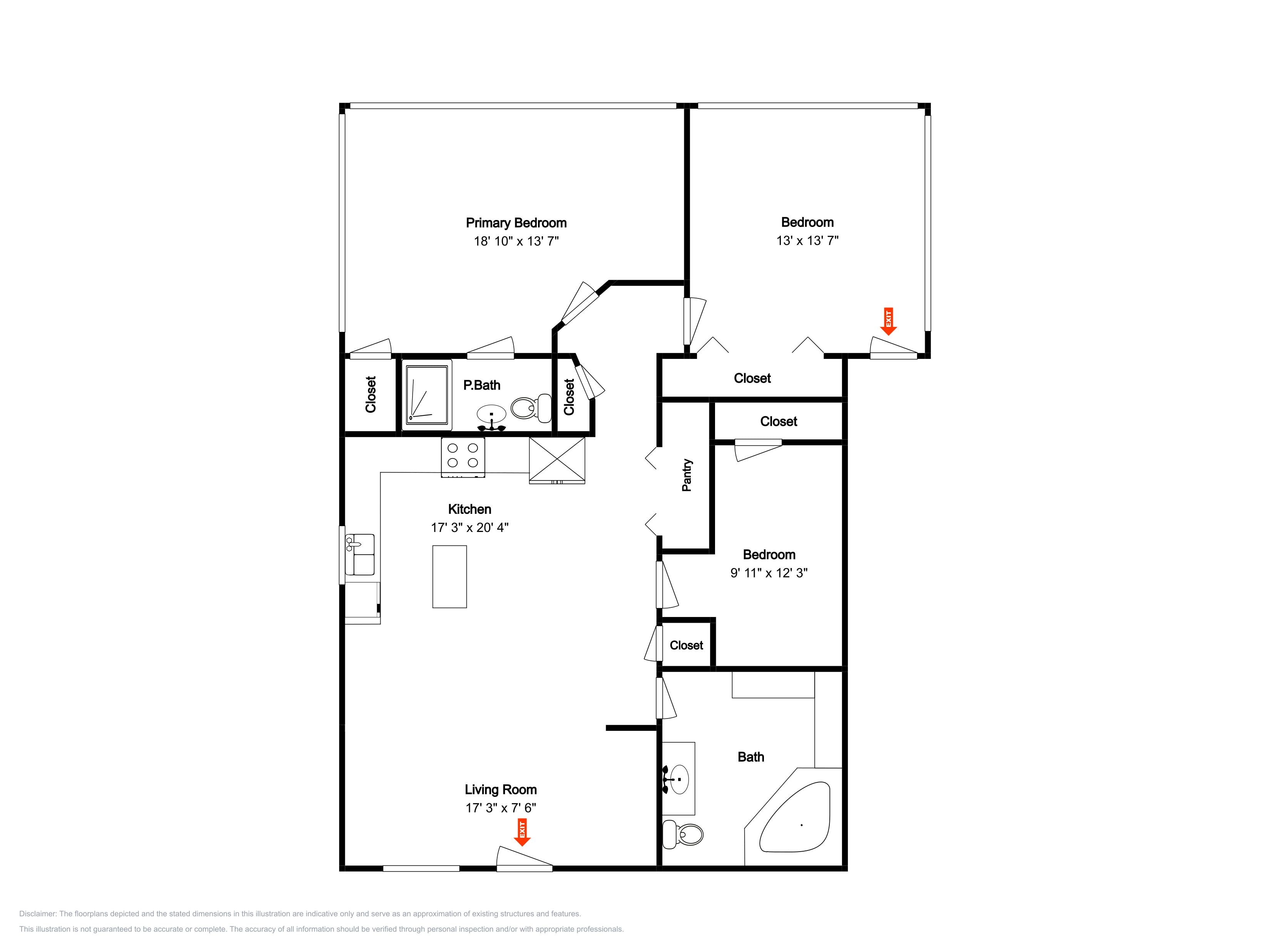 A floor plan with a primary bedroom, secondary bedroom, kitchen, living room, and bathroom.