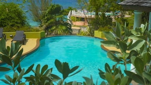 A clear blue pool surrounded by lush greenery and a view of the ocean.