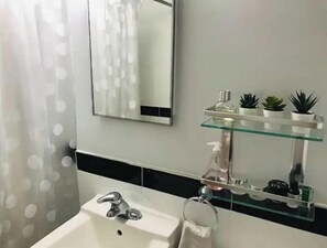 Bathroom features a sink, mirror, and glass shelf with plants and a soap dispenser.