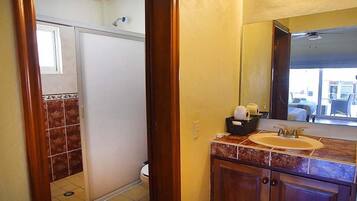 Un baño con ducha, lavabo y espejo.