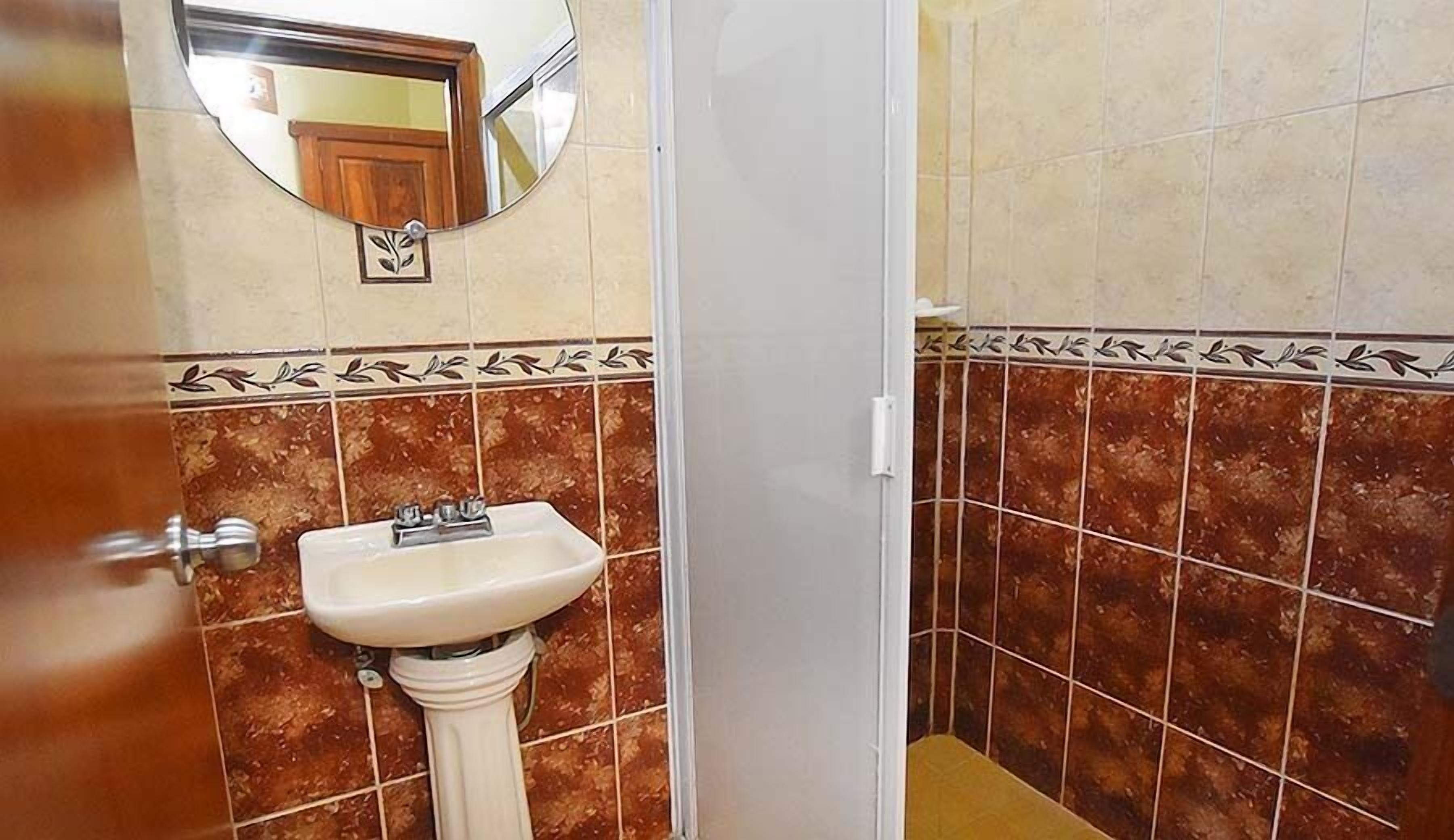 A bathroom with a pedestal sink, a mirror, and brown patterned tiles.