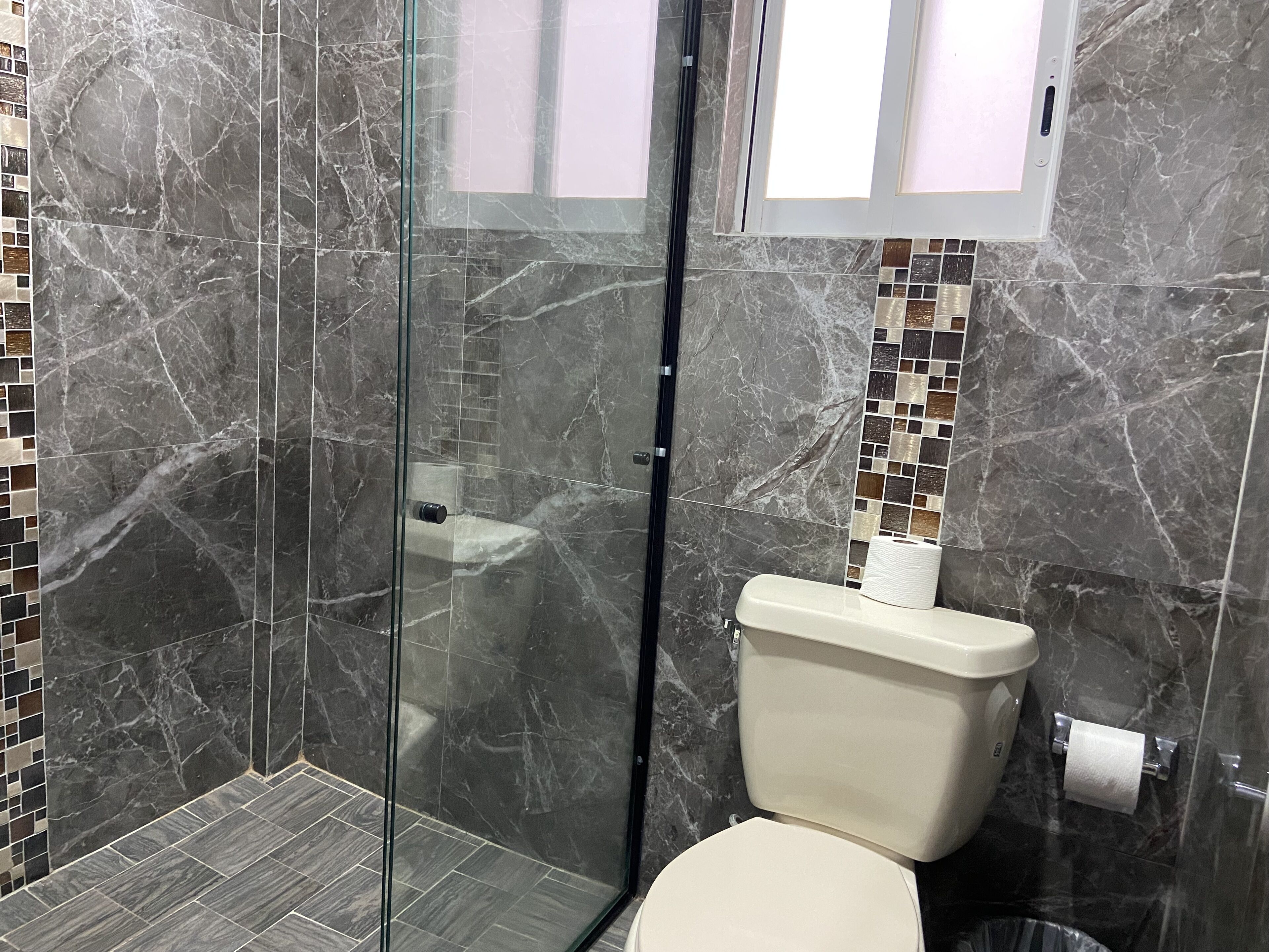 Um banheiro moderno com box de vidro, vaso sanitário e painel de azulejos mosaicados.