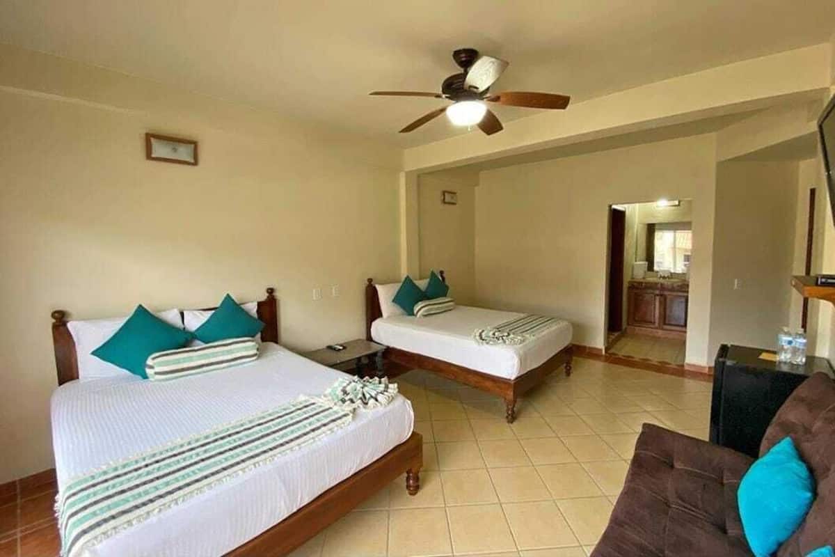 Une chambre d’hôtel avec deux lits simples, un ventilateur de plafond, une télévision et un canapé.