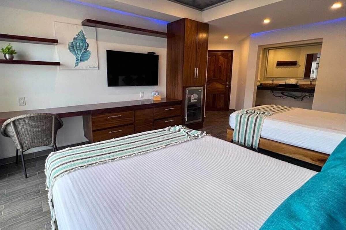 Une chambre d’hôtel comprenant un lit, un bureau, une chaise, une télévision et une salle de bain.
