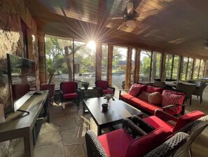 Covered patio with tons of seating 