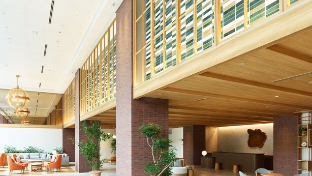 A spacious lobby with a high ceiling, wooden beams, and a modern reception desk. - Mitsui Garden Hotel Kashiwanoha Park Side Chiba  (Kashiwa)
