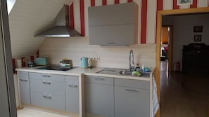 Une cuisine de taille réduite équipée d’une cuisinière à gaz, d’un évier et d’une hotte aspirante.