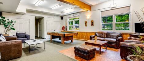 Smart TV, fireplace, books