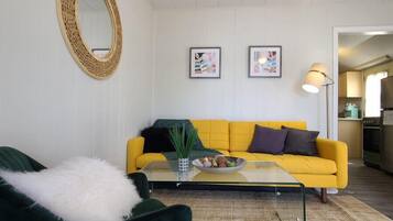 TV connectée, cheminée, livres