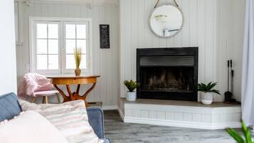 Smart TV, fireplace, books