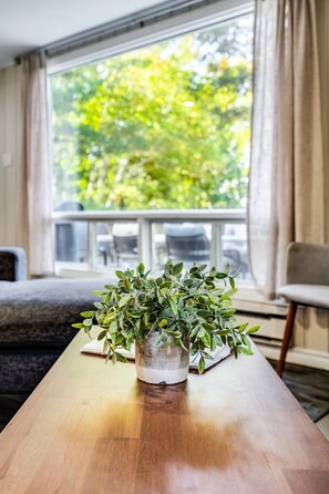 A wooden table with a potted plant in the center, a window with curtains, and a view of greenery outside. - Muskoka cottage on stunning lakefront - Windermere (Dwight)